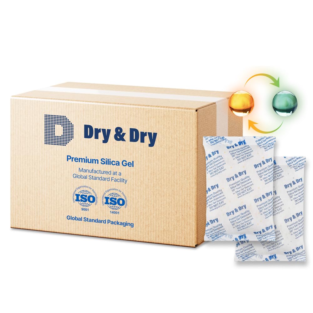 Dry & Dry 500 Gram [50 Packets] Orange Indicating Silica Gel Packets Desiccants Silica Packets - Rechargeable Moisture Absorbers for Food Storage, Electronics, 3D Filament & Safes