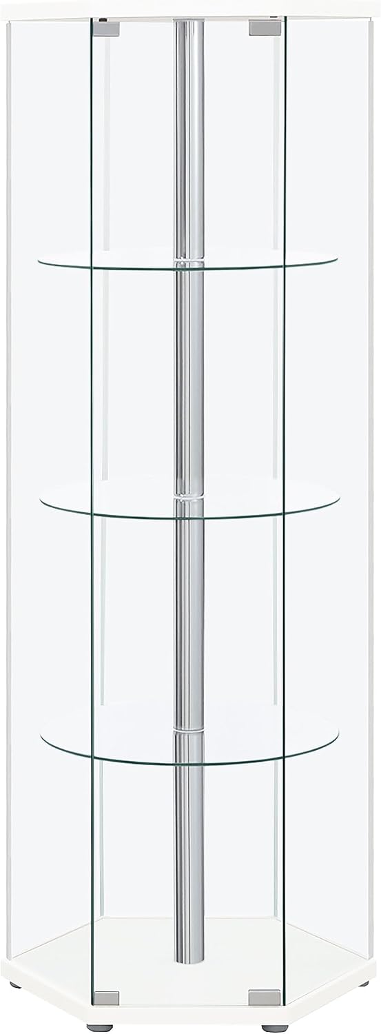 Coaster Home Furnishings - Zahavah - 4-Shelf Glass Curio Cabinet with Hexagonal Shape, Clear Door, Tempered Glass Shelves, and Push-to-Open Door - Living Room - White - 950001