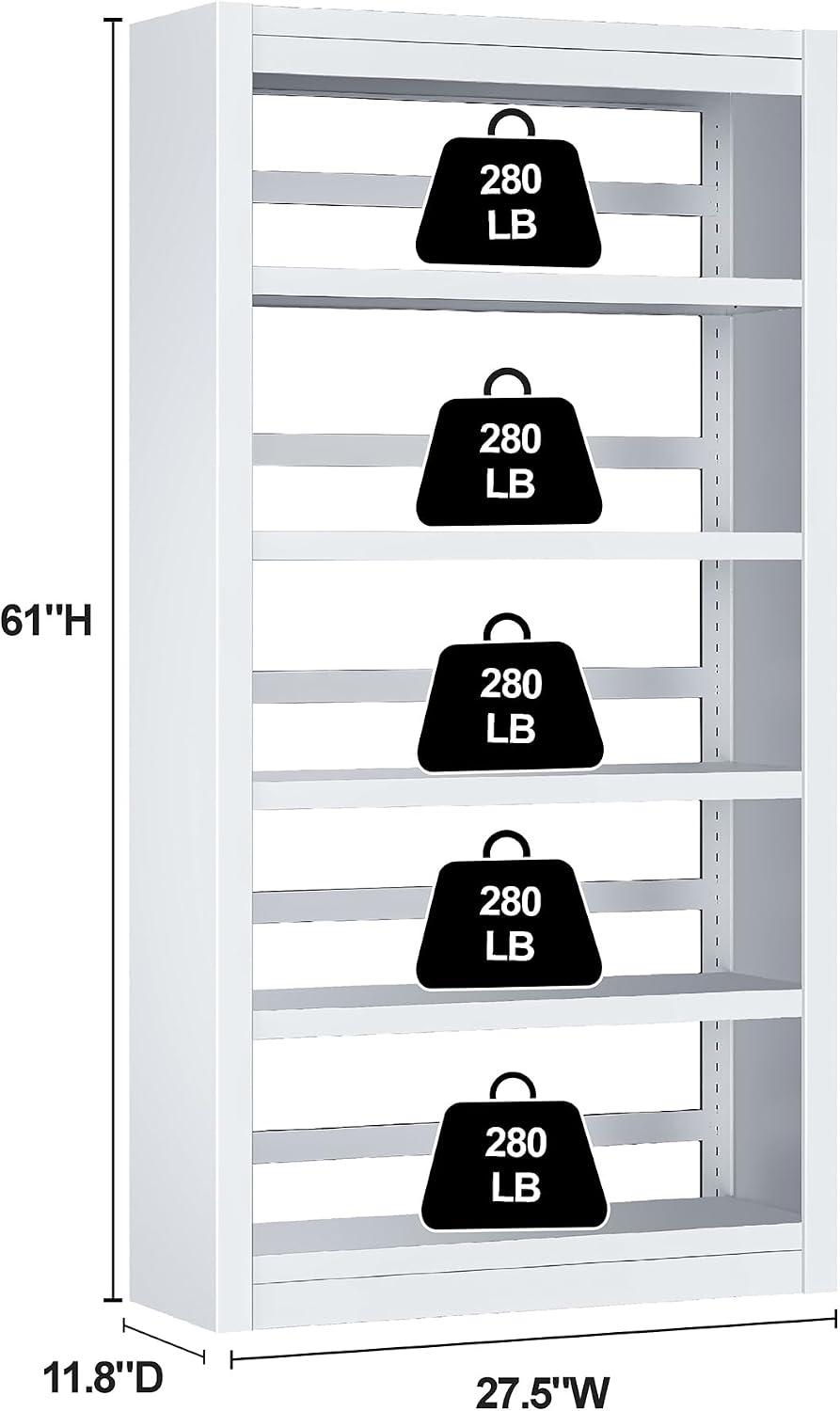 5 Tier White Bookshelf, 61' H Adjustable Bookshelf with Large Capacity, Suitable for Modern Storage Shelves in Living Rooms, Homes Offices, Garage, Sturdy Metal Bookshelf for Organizing