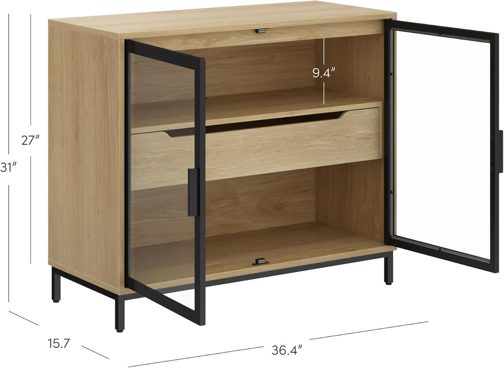 Nathan James Mackenna Metal and Glass Sideboard Accent Cabinet with Two Doors, Oak Credenza for Kitchen or Living Room
