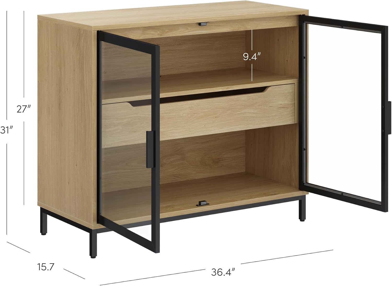 Nathan James Mackenna Metal and Glass Sideboard Accent Cabinet with Two Doors, Oak Credenza for Kitchen or Living Room