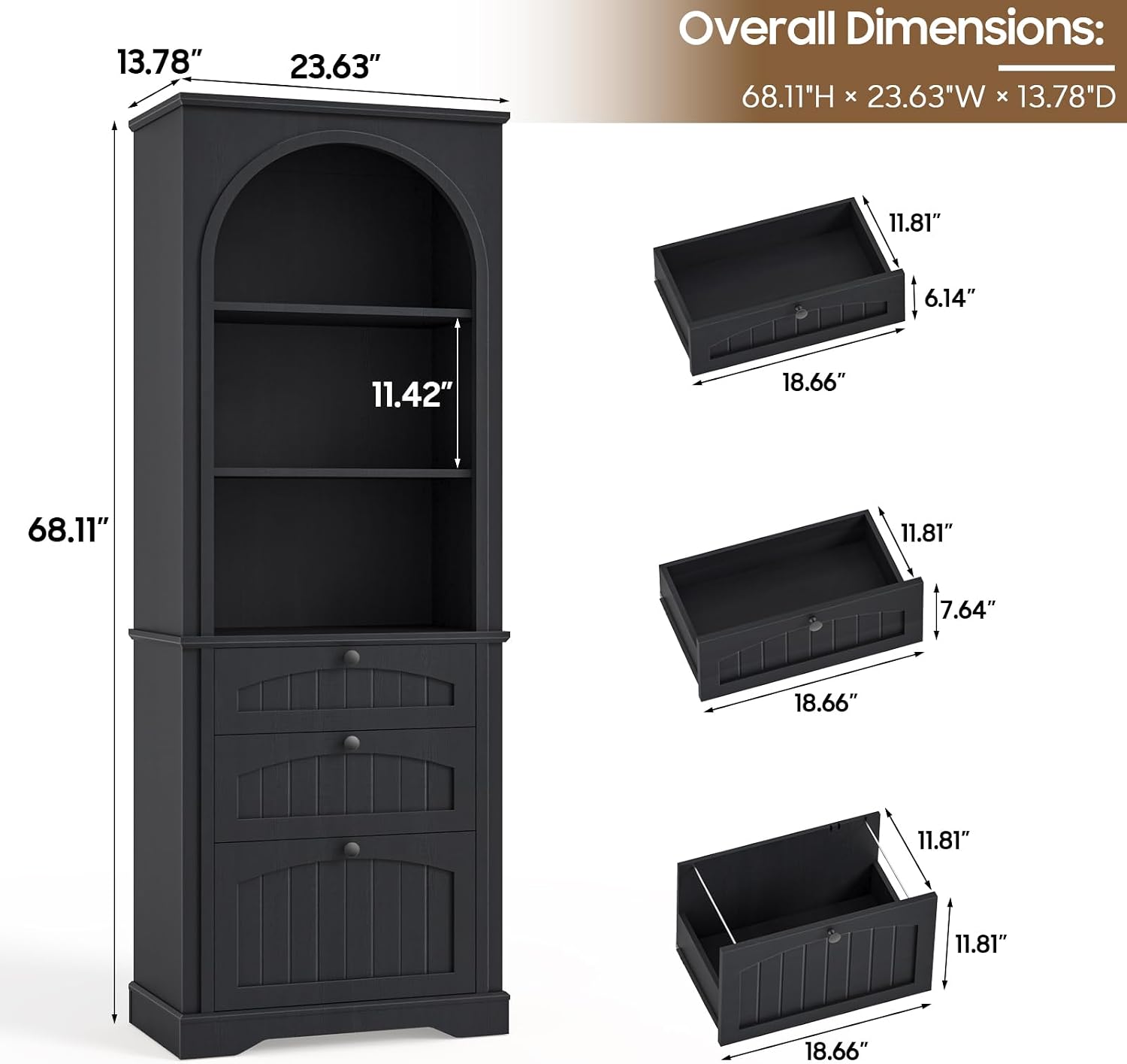 Bookshelf with File Drawers for Letter/A4/Legal Size Hanging Files, 68' Tall Farmhouse Bookcase with 3-Tier Open Shelves, Wood Floor Display Storage Cabinet for Home Office, Living Room, Rustic Black
