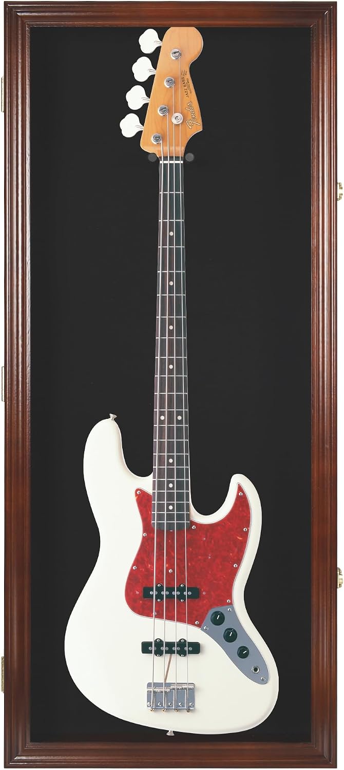 DisplayGifts 42' Electric Guitar Display Case Cabinet Shadow Box with Guitar Hanger Stand, Lockable UV Protection Black Felt Interior with Mahogany Finish Frame