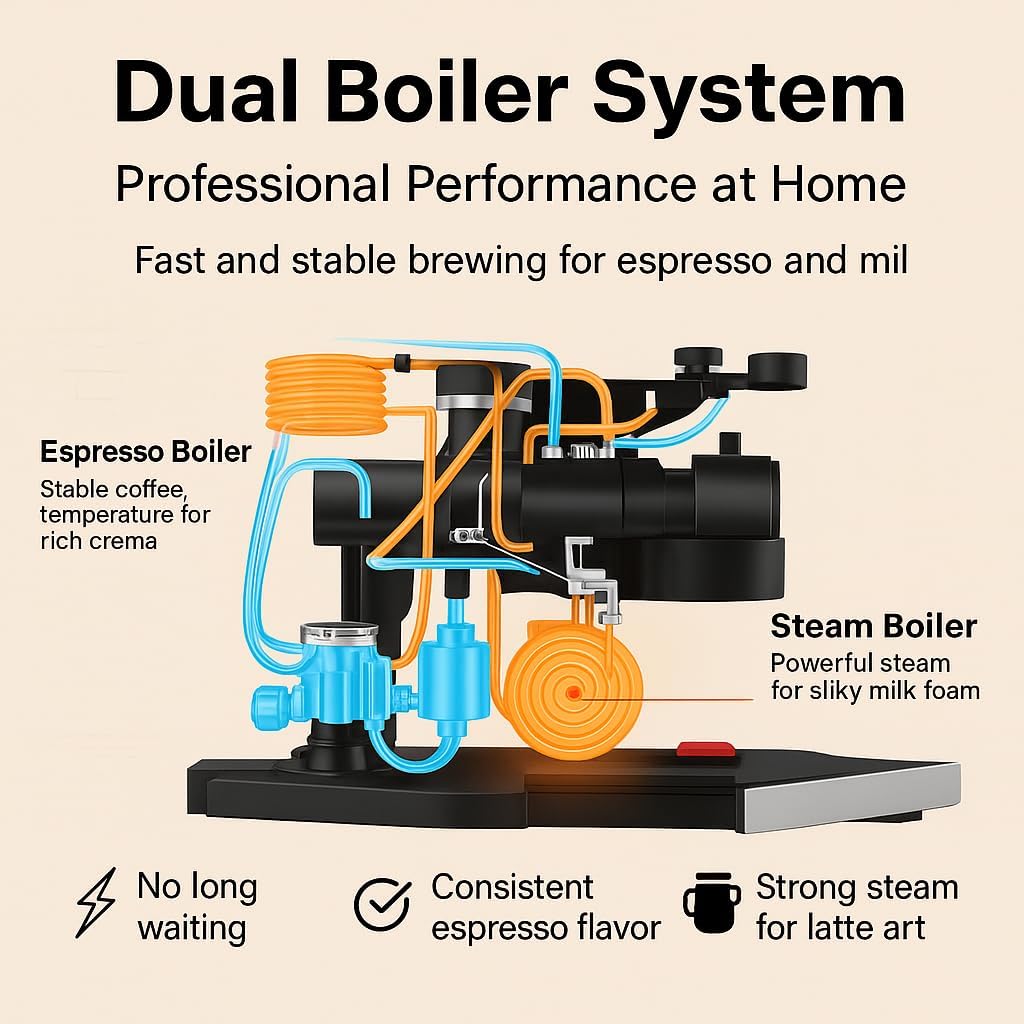 Dual Boiler Semi-Automatic Espresso Machine with Built-in Grinder, 58mm Portafilter, TFT Display & Milk Frother Steam Wand – Professional Coffee Maker for Home Barista