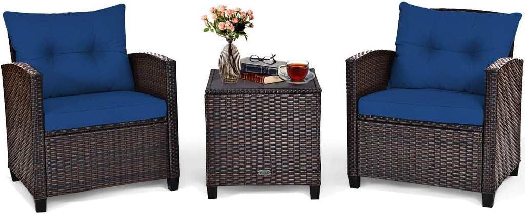 Tangkula 3 Pieces Patio Furniture Set, PE Rattan Wicker 3 Pcs Outdoor Sofa Set w/Washable Cushion and Tempered Glass Tabletop, Conversation Furniture for Garden Poolside Balcony (Blue)