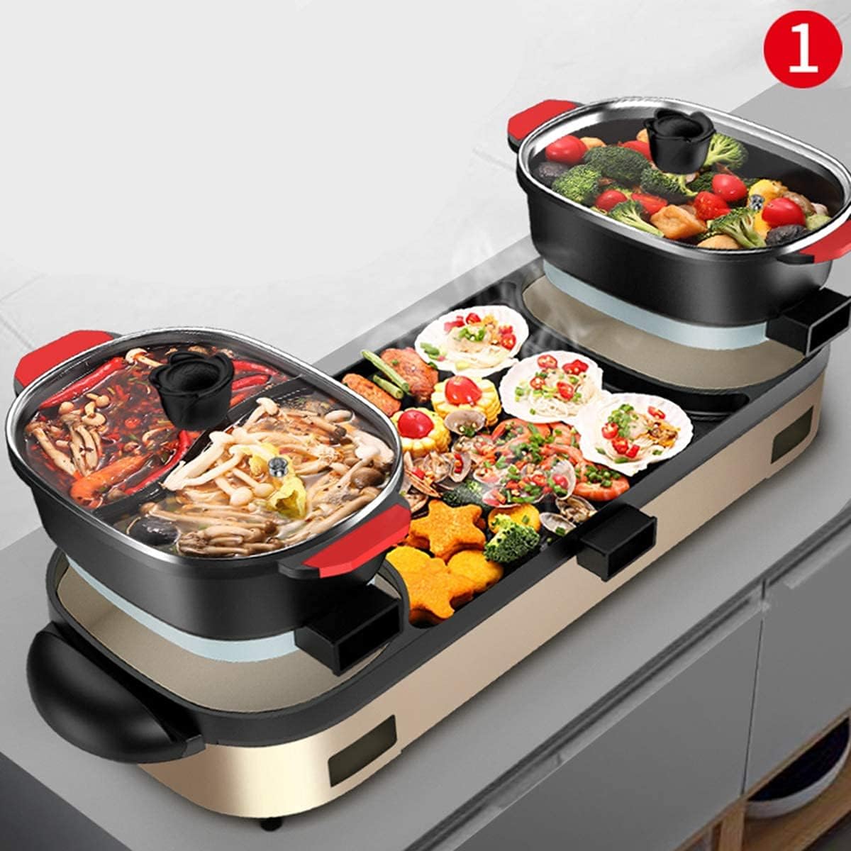 BBQ Smokeless Grill Multifunction Electric Grill Indoor Hot Pot, Home Cooker Griddle Multi Purpose Korean Barbecue Hot Pot Smokeless Teppanyaki BBQ Grill Hotpot Pot Family Dinner