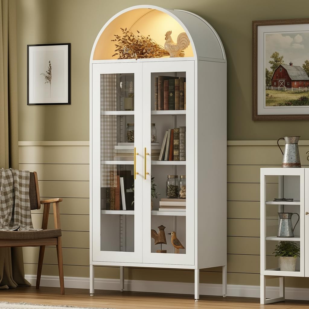 DWVO Arched Display Cabinet with Glass Doors, 71' Tall Storage Organizer Cabinet with Adjustable Shelves, Curio Cabinet with LED Lights, 5 Tier Bookcase for Collectibles Living Room Office, White