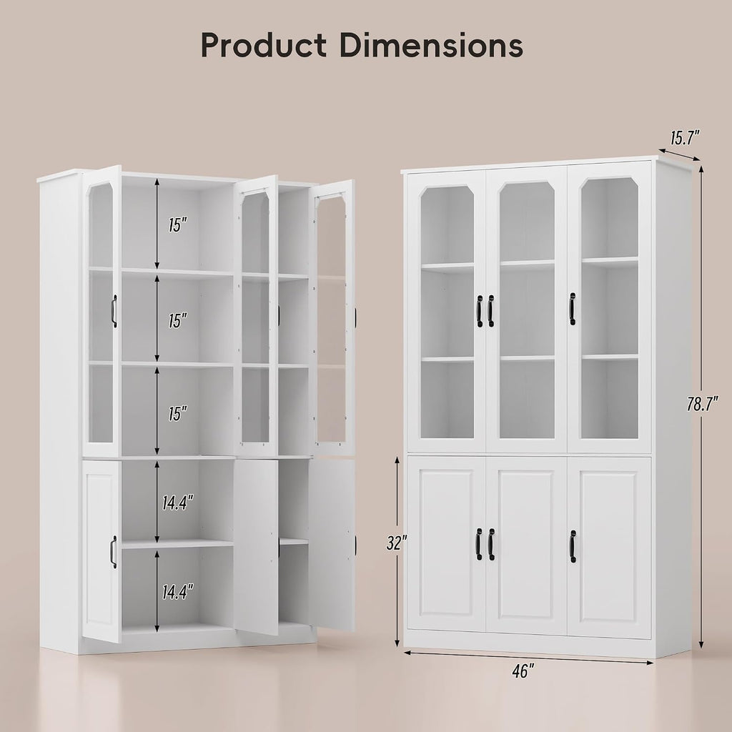 MU 78.7' Tall Kitchen Pantry with 3 Glass Doors, Freestanding China Cabinet with Adjustable Shelves, Large Kitchen Pantry Storage Cabinet Cupboard for Dining Room, Living Room, White (X-Large, 46' W)