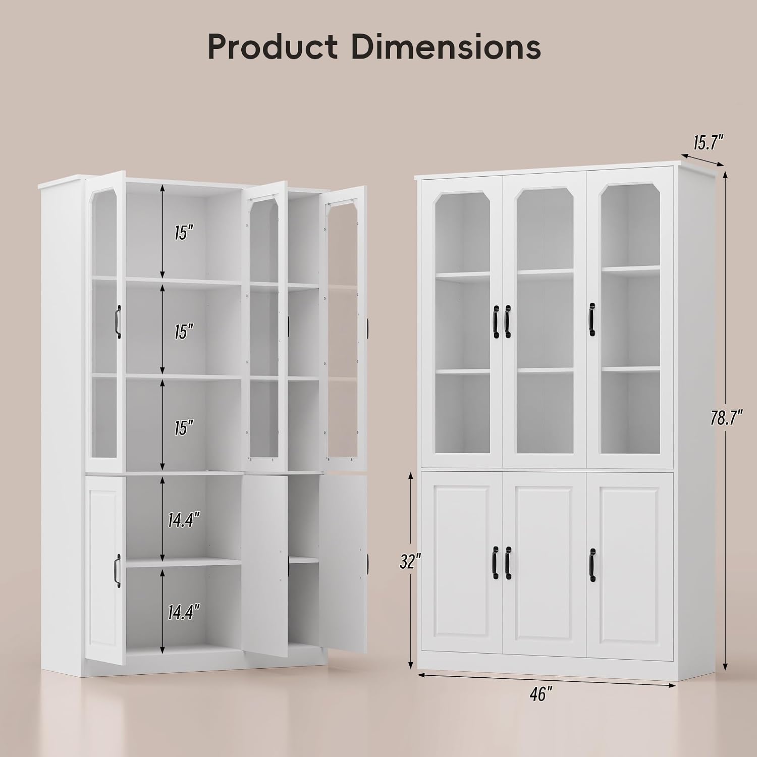 MU 78.7' Tall Kitchen Pantry with 3 Glass Doors, Freestanding China Cabinet with Adjustable Shelves, Large Kitchen Pantry Storage Cabinet Cupboard for Dining Room, Living Room, White (X-Large, 46' W)