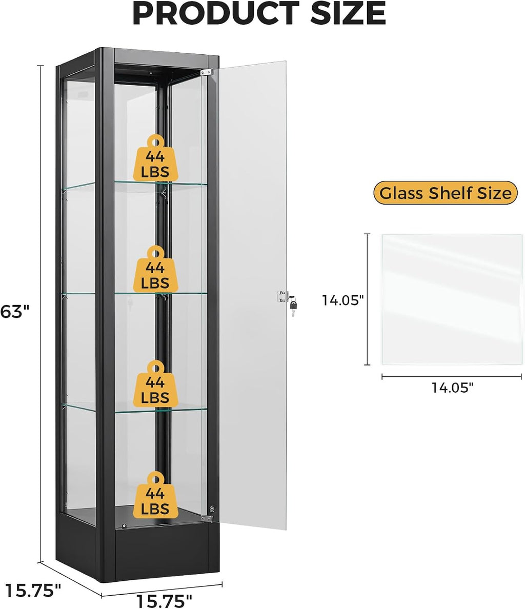 BECHAEO Glass Display Cabinet with 12 Color Lights and Lock, 4-Tier Curio Cabinet with Tempered Glass Door, Adjustable Shelves, 63' Metal Display Case for Collectibles Living Room, Black