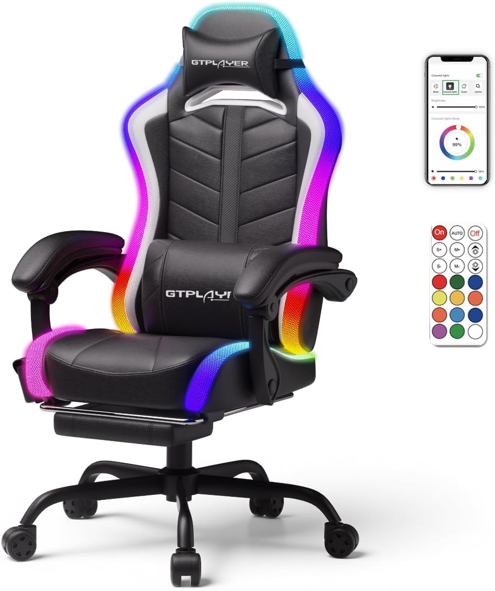 GTPLAYER Gaming Chair, Computer Chair with RGB LED Lights, High Back Ergonomic Chair for Adults with Footrest and Linkage Armrests& Headrest Lumbar Support (Without Bluetooth Speakers)