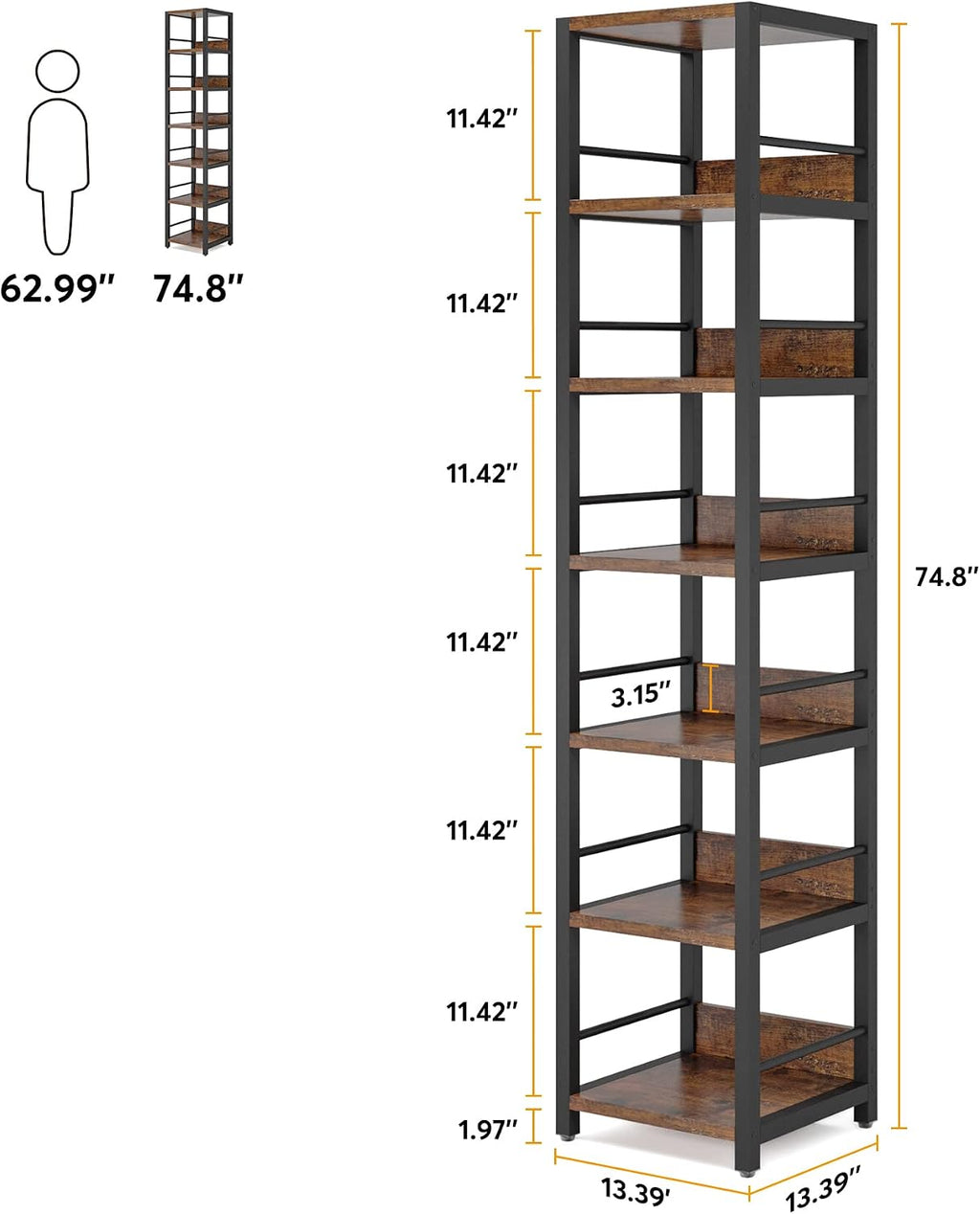 Tribesigns 6-Tier Corner Shelf, 75 Inch Tall Narrow Bookshelf Storage Rack, Etagere Shelves Display Stand for Small Spaces, Rustic Open Bookcase Square Shelf Tower for Living Room Bathroom
