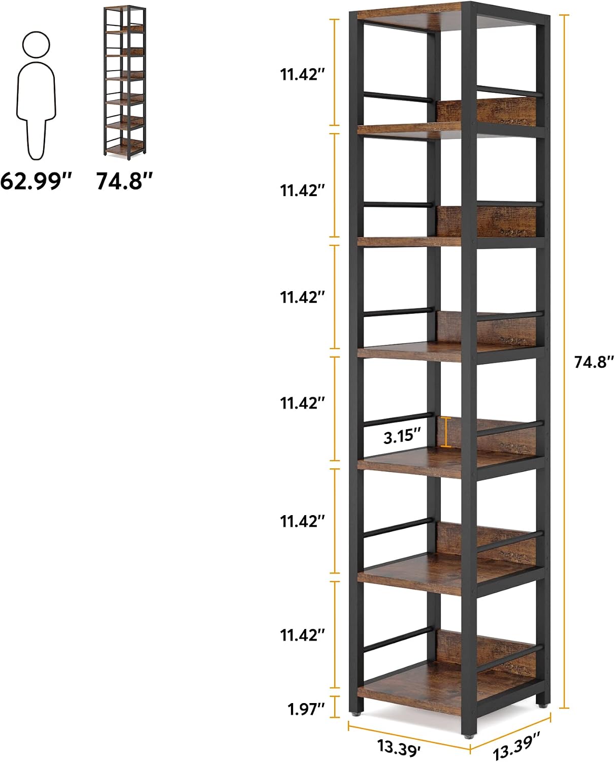 Tribesigns 6-Tier Corner Shelf, 75 Inch Tall Narrow Bookshelf Storage Rack, Etagere Shelves Display Stand for Small Spaces, Rustic Open Bookcase Square Shelf Tower for Living Room Bathroom