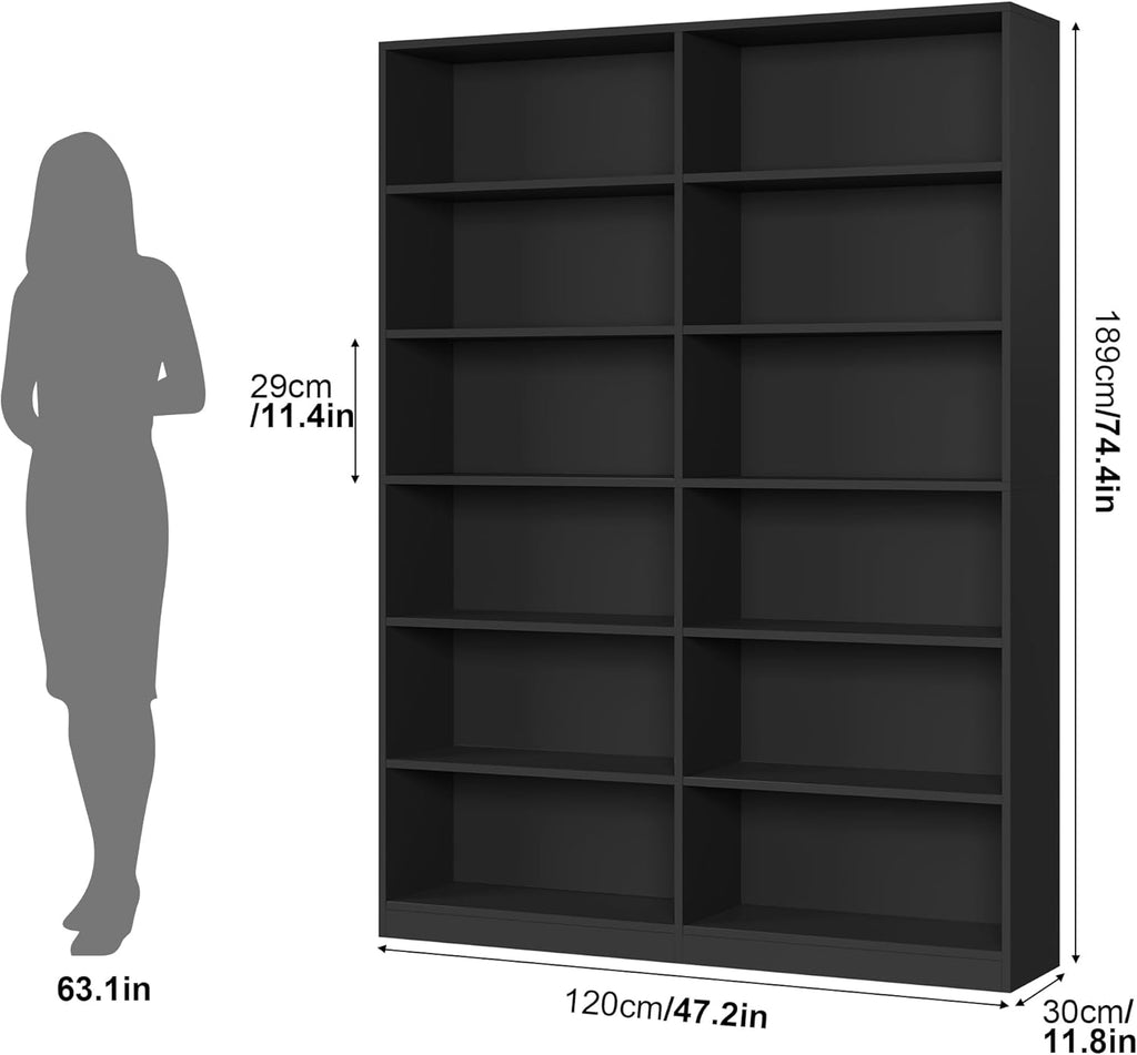 FACBOTALL Bookshelf and Bookcase, 6-Tier Double Wide Bookshelves, Freestanding Display Storage Shelves, Tall Bookcases for Home Decor Bedroom, Living Room, Home Office,Black