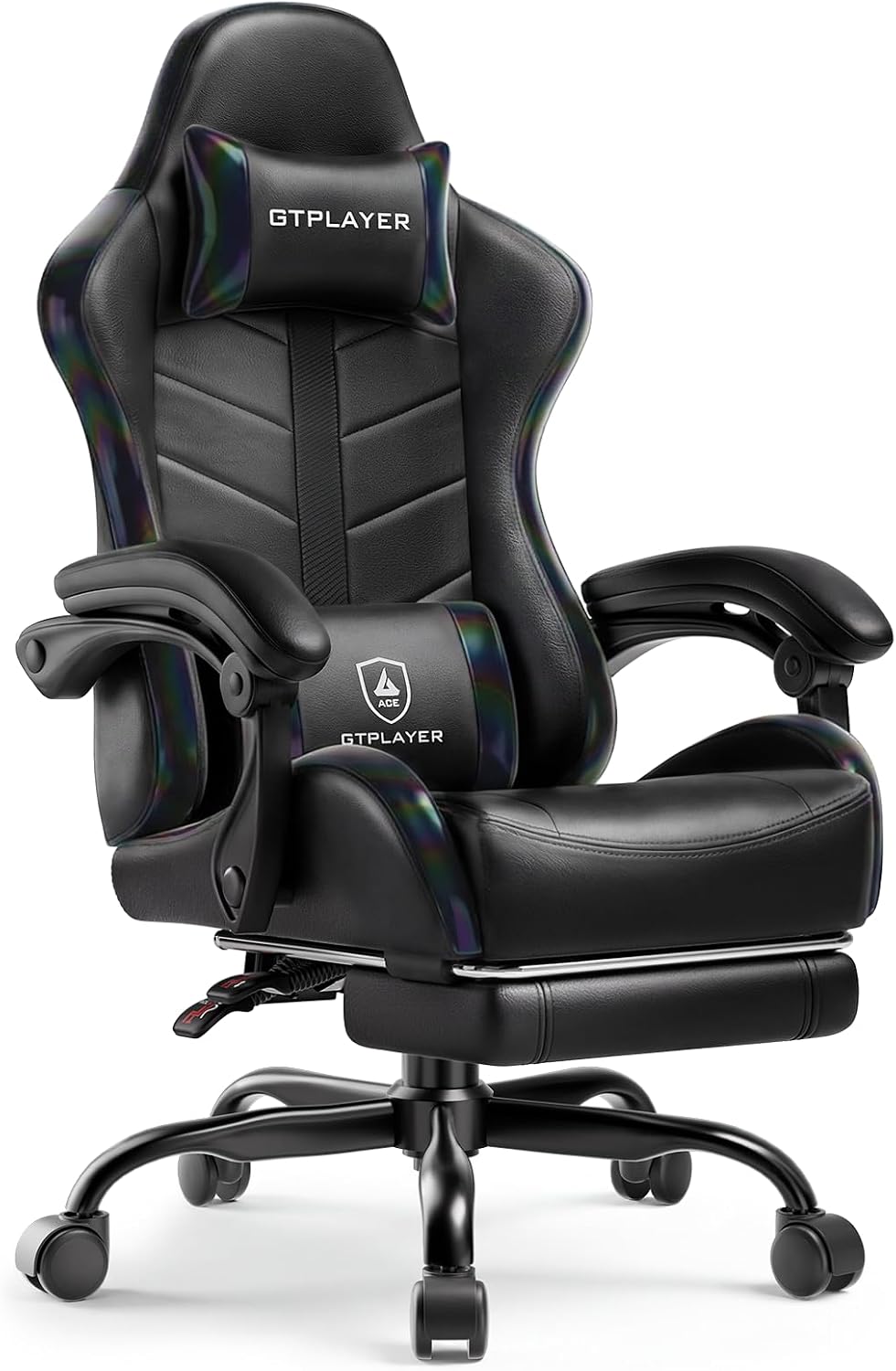 GTPLAYER Gaming Chair for Adults, Ergonomic Computer Gaming Chair with Footrest, Height Adjustable, 90-155° Recline & Removable Headrest Lumbar Support, Colorful Black