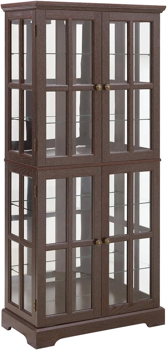 Lighted Glass Curio Cabinet with Lights & Adjustable Shelves,Curio Display Cabinet with Wood Frame & Glass Door,Corner Antique Display Case for Kitchen,Living Room,Office