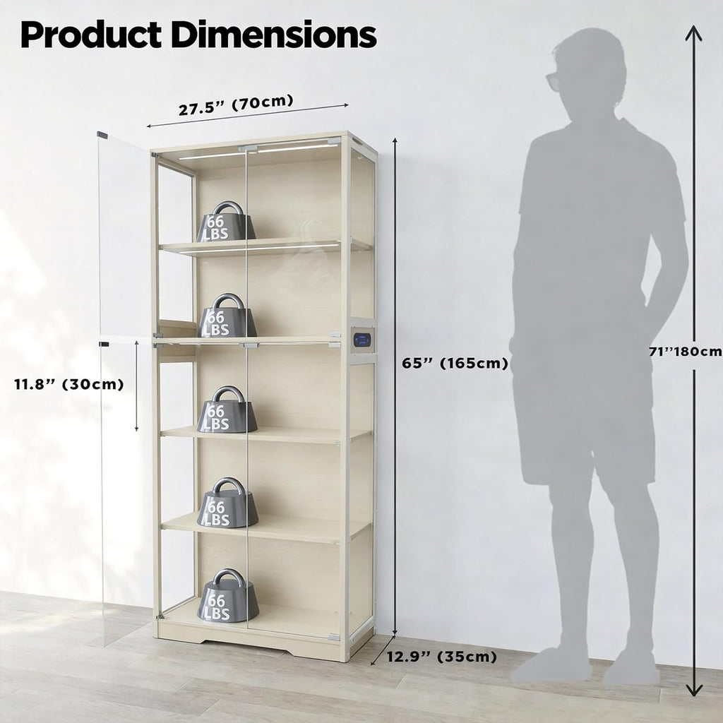 Glass Display Cabinet, 5-Tier Curio Cabinet with Glass Doors, Dimming LED Lights & Motion Sensor, for Collectible Figures, Living Room, Bedroom, or Office (Iron Frame Beige)