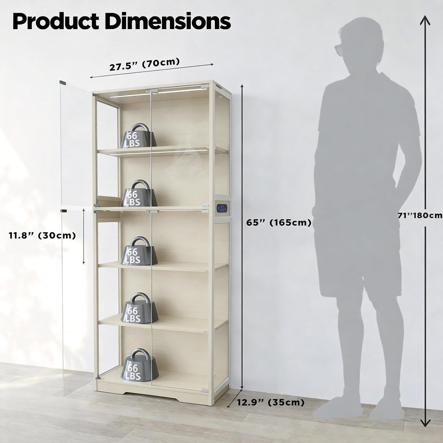 Glass Display Cabinet, 5-Tier Curio Cabinet with Glass Doors, Dimming LED Lights & Motion Sensor, for Collectible Figures, Living Room, Bedroom, or Office (Iron Frame Beige)