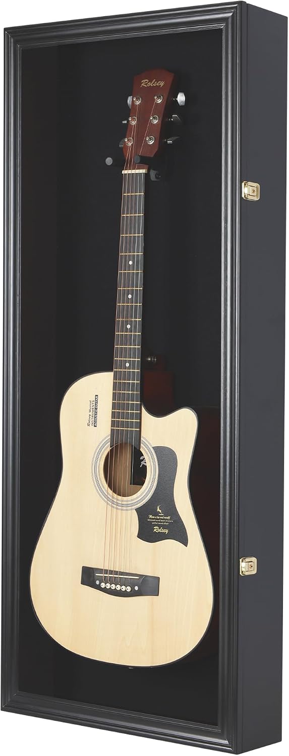 DisplayGifts 42' Electric Guitar Display Case Cabinet Shadow Box with Guitar Hanger Stand, Lockable UV Protection Black Felt Interior with Black Frame