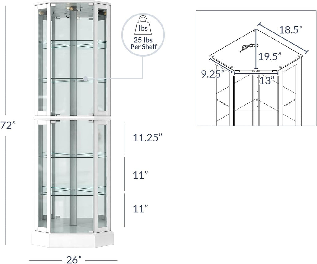 BELLEZE Lighted 3-Side Glass Display Curio Cabinet with Tempered Glass Doors and Shelves, Curved Wood Corner Cabinet with Bulb, Corner Curio Storage Rack for Bar and Liquor Storage - Ashfield (White)