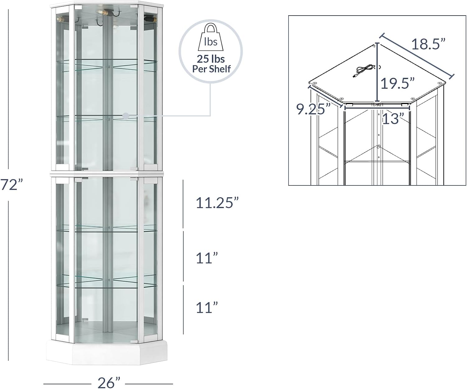 BELLEZE Lighted 3-Side Glass Display Curio Cabinet with Tempered Glass Doors and Shelves, Curved Wood Corner Cabinet with Bulb, Corner Curio Storage Rack for Bar and Liquor Storage - Ashfield (White)