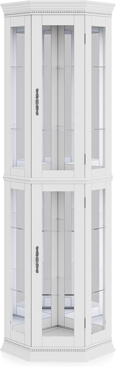 BELLEZE Lighted 3-Side Glass Display Curio Cabinet w/Tempered Glass Doors & Shelves, Accent Wooden Corner Cabinet with Bulb, Corner Storage Decoration Rack for Living Room & Bed-Room Corona (White)