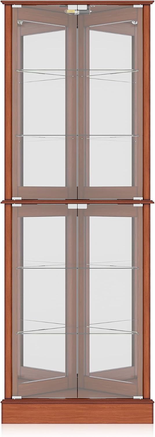 BELLEZE Lighted Corner Display Curio Cabinet Wooden Shelving Unit with Tempered Glass Door, Bar and Liquor Storage Area with 6 Shelves - Woody (Oak)