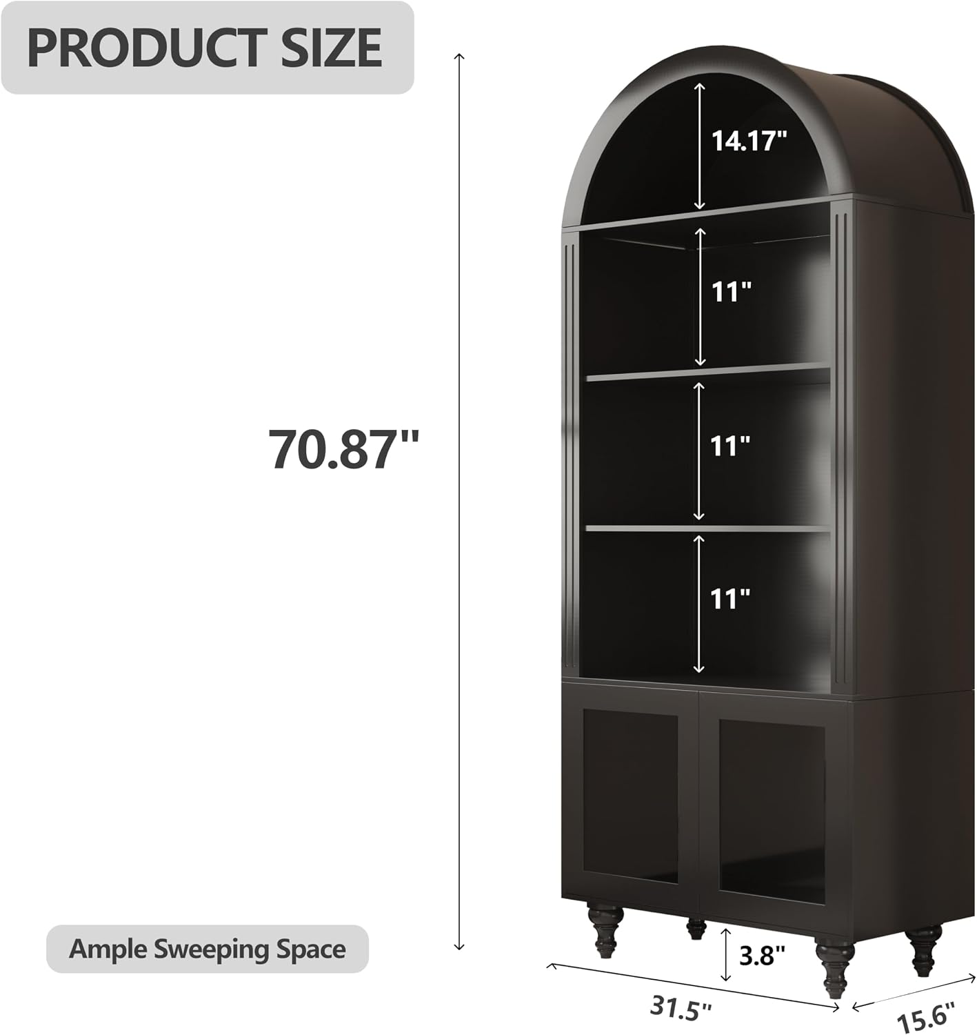 Wildhome Wooden Arched Bookshelf,5-Tier Shelf,Farmhouse Storage Display Cabinet Etagere Bookcase, Large Bookshelf,Tall Open Storage Cabinet for Home Office Living Room&Kitchen(Black-Arched top)