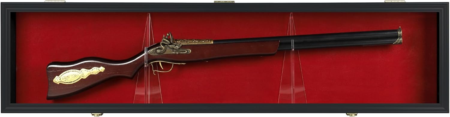 43' Single Rifle Shotgun Display Case Wall Rack Cabinet w/UV Protection, Lock, GN18(RED) (Black)