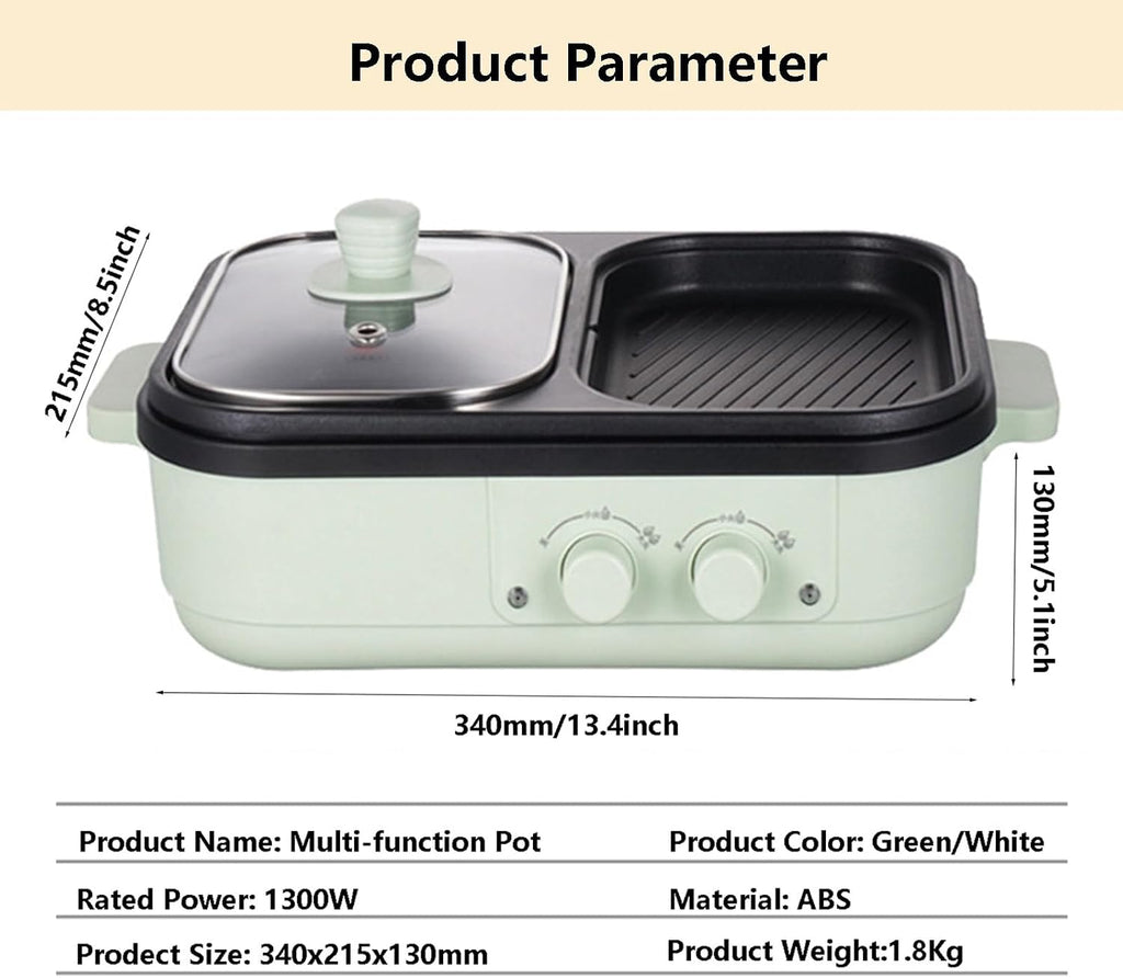 Nonstick Electric Skillets & Hot Pot 1300W Shabu Pot BBQ Plate w/3 Salad Bowls, Food Barbecue Contact Grill with Toughened Glass Cover for Stewed Noodles, Cook Soup(with Divider),white