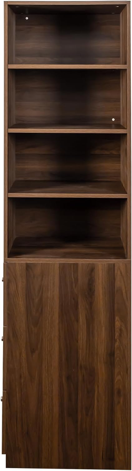 71' Wooden Melamine Finish Showcase Cabinet, Lego Display Case with 4-Tier Shelves, Lego Display Shelves with 3 Side Drawers for Living Rooms, Home Offices, Kitchens, Walnut