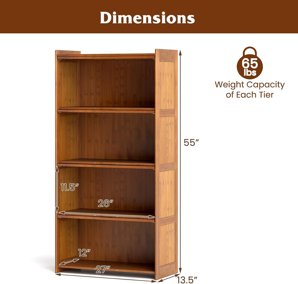 Giantex 4-Tier Bookcase with Clear Doors, 55' Bamboo Bookshelf with Flip-up Acrylic Doors, Freestanding Cube Storage Organizer with Shelves, Solid Wooden Display Cabinet for Living Room, Study, Brown