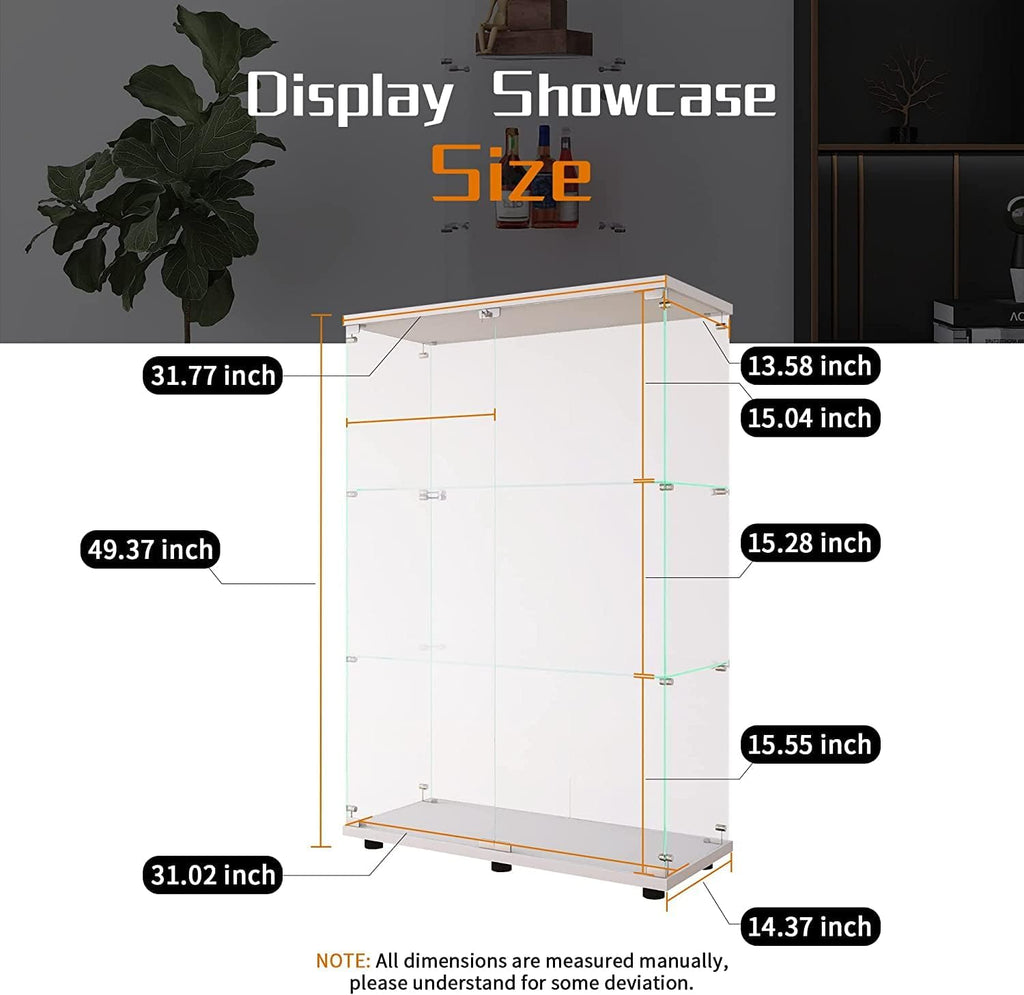 Beauty4U 2-Door Glass Display Cabinet, White Curio Cabinets for Living Room, Bedroom, Office, Collection Display, Quick Installation in 30 Mins, 3 Shelves White Floor Standing Glass Bookshelf