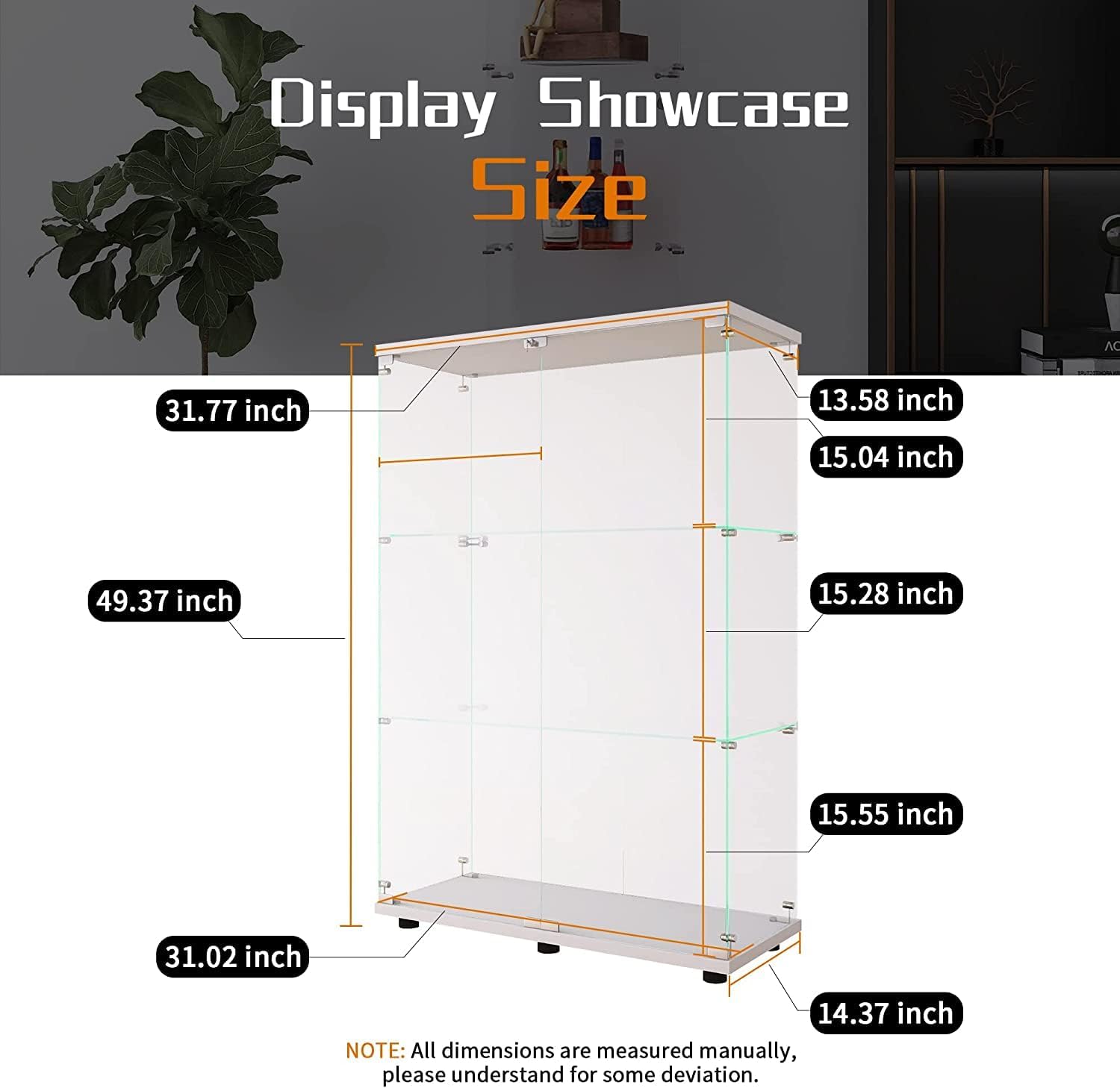 Beauty4U 2-Door Glass Display Cabinet, White Curio Cabinets for Living Room, Bedroom, Office, Collection Display, Quick Installation in 30 Mins, 3 Shelves White Floor Standing Glass Bookshelf