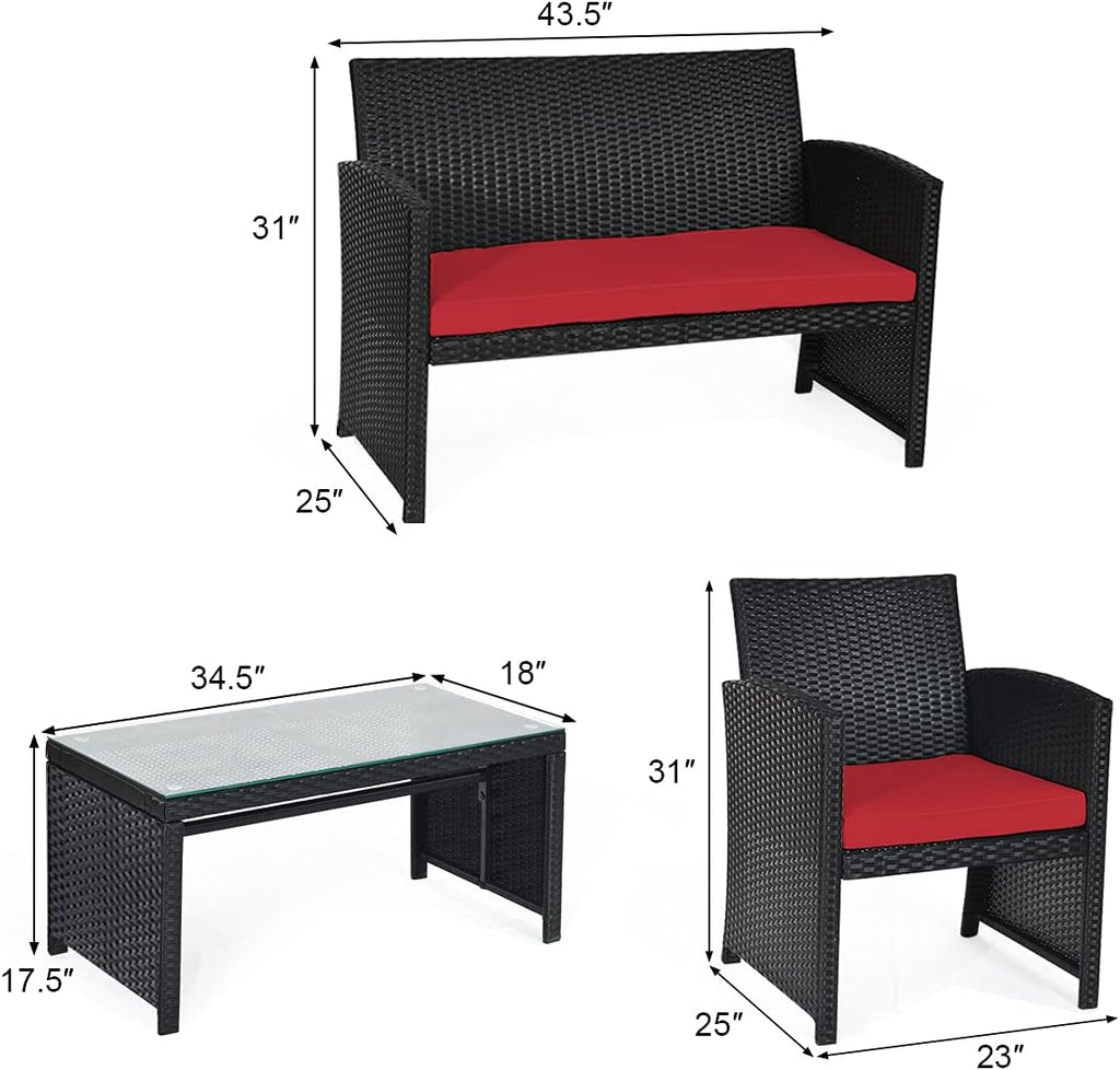 Tangkula Patio Wicker Conversation Furniture Set, Patiojoy Sofa & Table Set w/4 Seats, Outdoor Rattan Sofa Set for Balcony Backyard, Wicker Chair Set with Tempered Glass Coffee Table (1, Red)