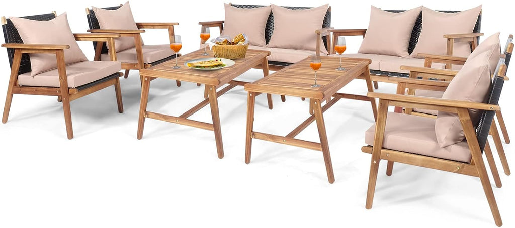 Tangkula 8-Piece Patio Furniture Set, Outdoor Acacia Wood Conversation Set with Cushions and Coffee Table, Outdoor PE Wicker Sectional Sofa Set for Garden, Poolside and Backyard (2, Beige)