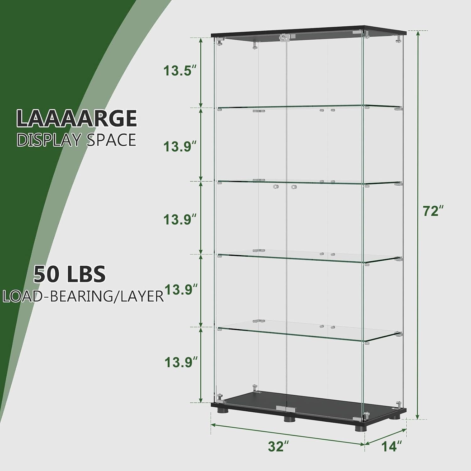 Glass Display Cabinet with 5-Shelf Double Doors and Lock, 5mm Tempered Glass Floor Standing Bookshelf for Living Room, Bedroom, Office, 72 x 32 x 14 in, Black