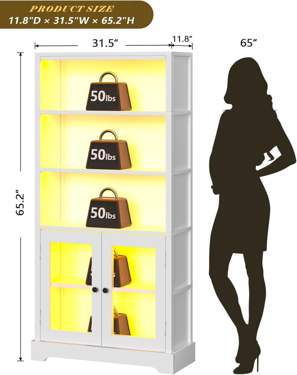 TVU 5-Tier Bookshelf, 65' Bookshelf with Multi-Color Ambient Lights (APP Remote Control), Tall Vertical Display Shelf with Cabinet Doors, Suitable for Living Room, Bedroom, Study, Office, White