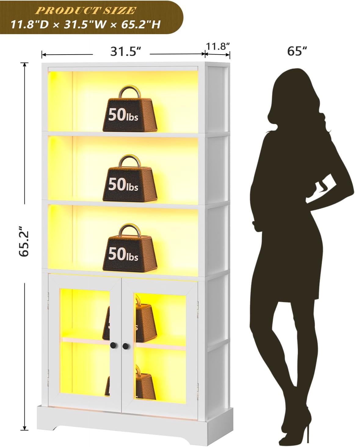 TVU 5-Tier Bookshelf, 65' Bookshelf with Multi-Color Ambient Lights (APP Remote Control), Tall Vertical Display Shelf with Cabinet Doors, Suitable for Living Room, Bedroom, Study, Office, White