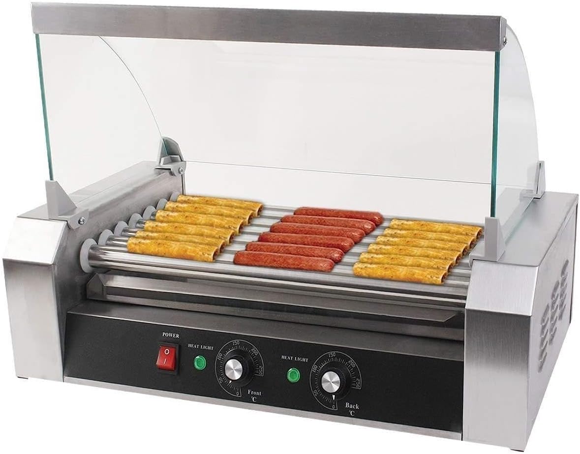 S AFSTAR Commercial 18 Hot Dog 7 Roller Machine Stainless Steel Non Stick Electric Hotdogs Grilling Cooker Appliances with Cover (2 Packs)
