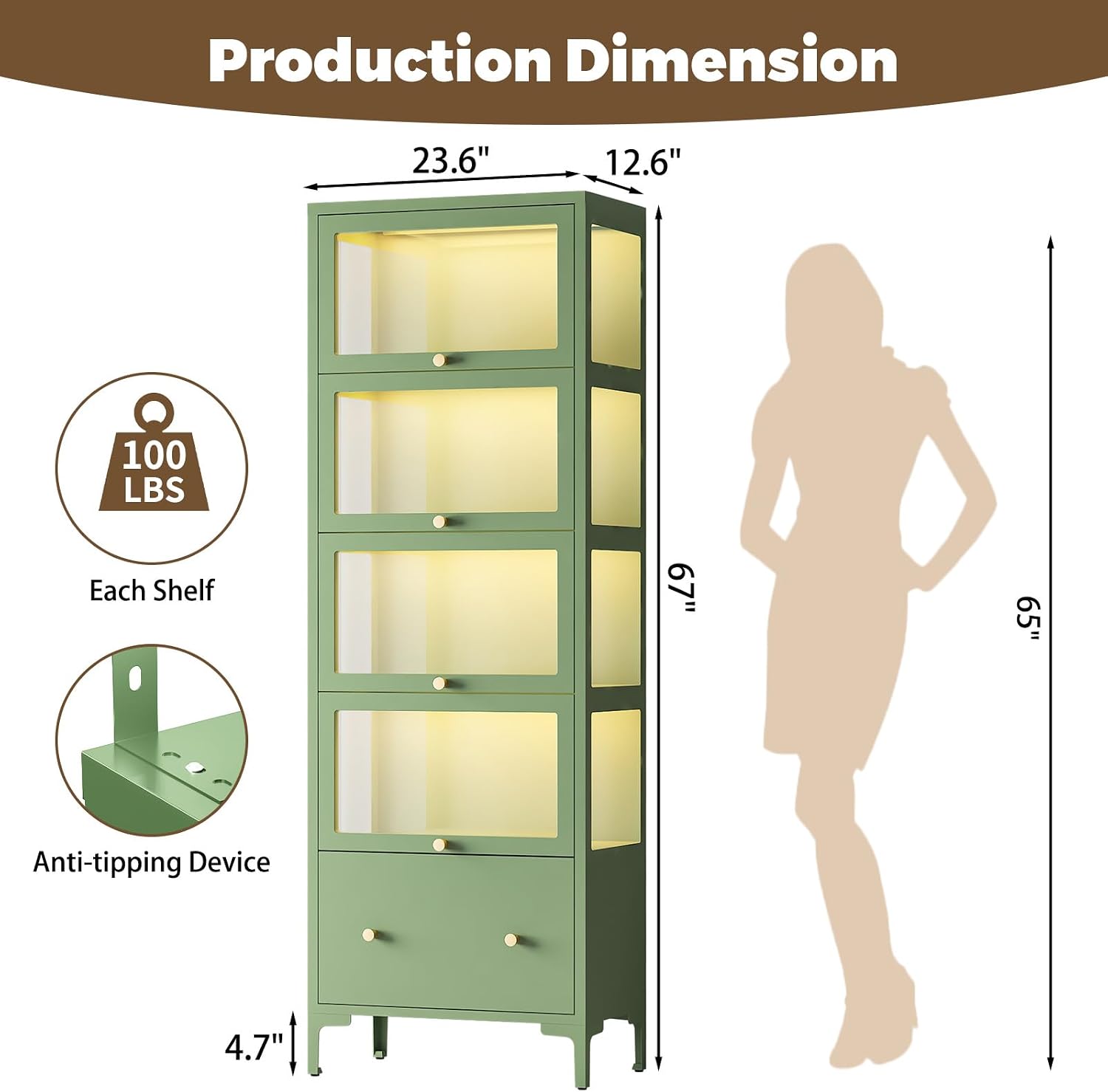Display Cabinet with Glass Doors, 67' Metal Curio Cabinet with Drawer & 13-Color RGB LED Lights, 5-Tier Glass Display Case for Collectibles, Figure, Toys, Books, Green