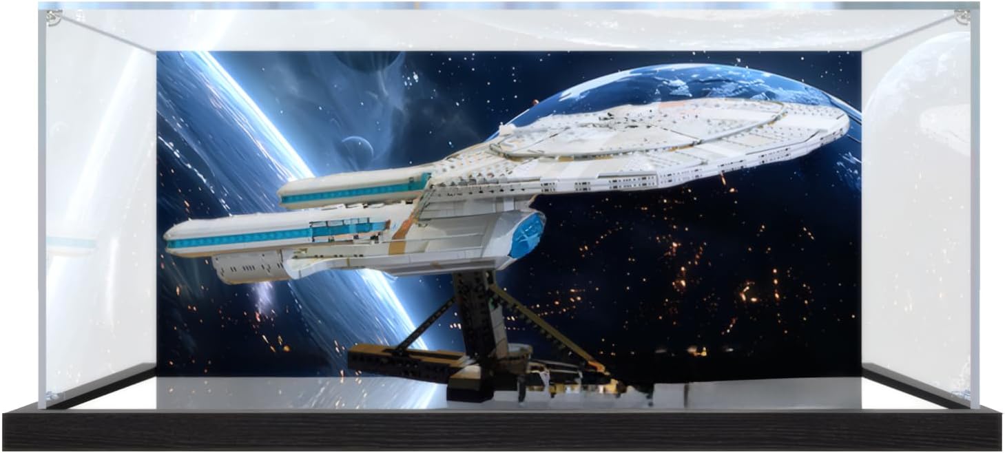 Acrylic Display Case for Star Trek: U.S.S. Enterprise NCC-1701-D for Lego 10356, Transparent Dustproof Storage Box (Model Not Included) (Background Build + Mirror)