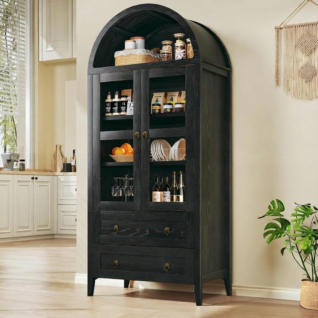 HUAHUU 71' Tall Arched Kitchen Pantry, Arched Cabinet, Kitchen Storage Cabinets with 2 Large Drawers & Adjustable Shelves & Glass Door for Living Room, Dining Room, Black