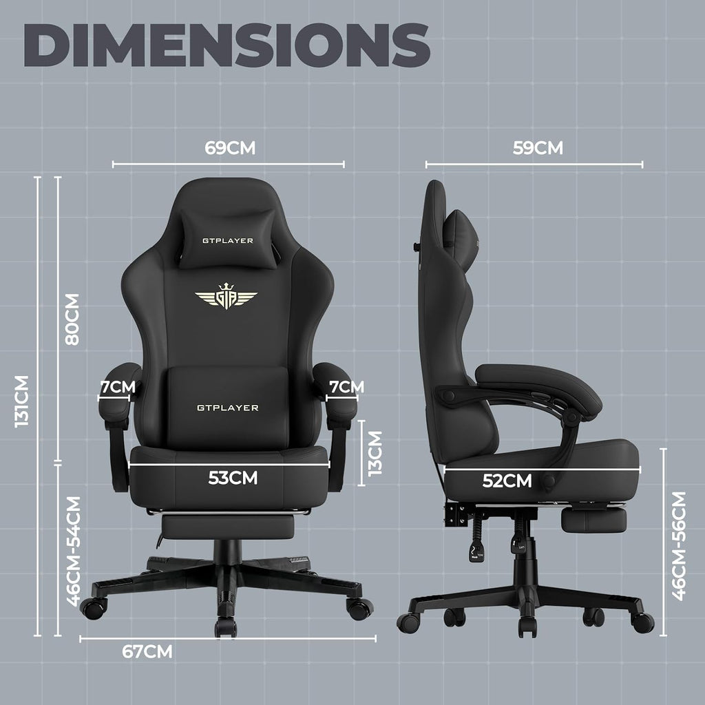 GTPLAYER Gaming Chair with Pocket Spring Cushion, Big and Tall Gamings Chairs 350LBS High Back Computer Chair with Footrest for Adults Lumbar Support Swivel Game Chair for Office, Leather Black