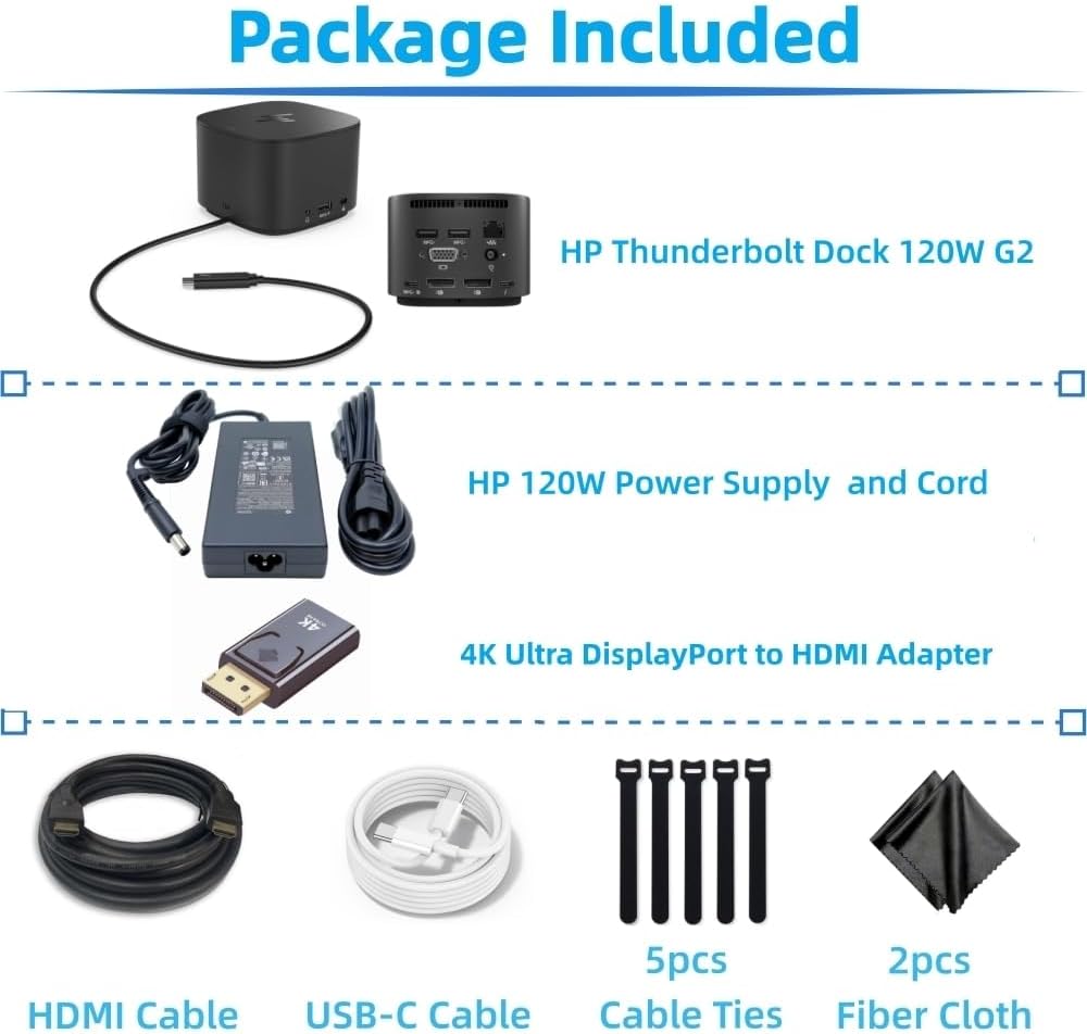Genuine HP Thunderbolt Dock 120W G2-2UK37ET/ 2UK38ET/ 2UK38UT/ 9LL35AA Multiport Docking Station for Laptop Dual Displays, w/ 120W Power Supply, HDMI Cable, DisplayPort to HDMI Adapter, USB-C Cable