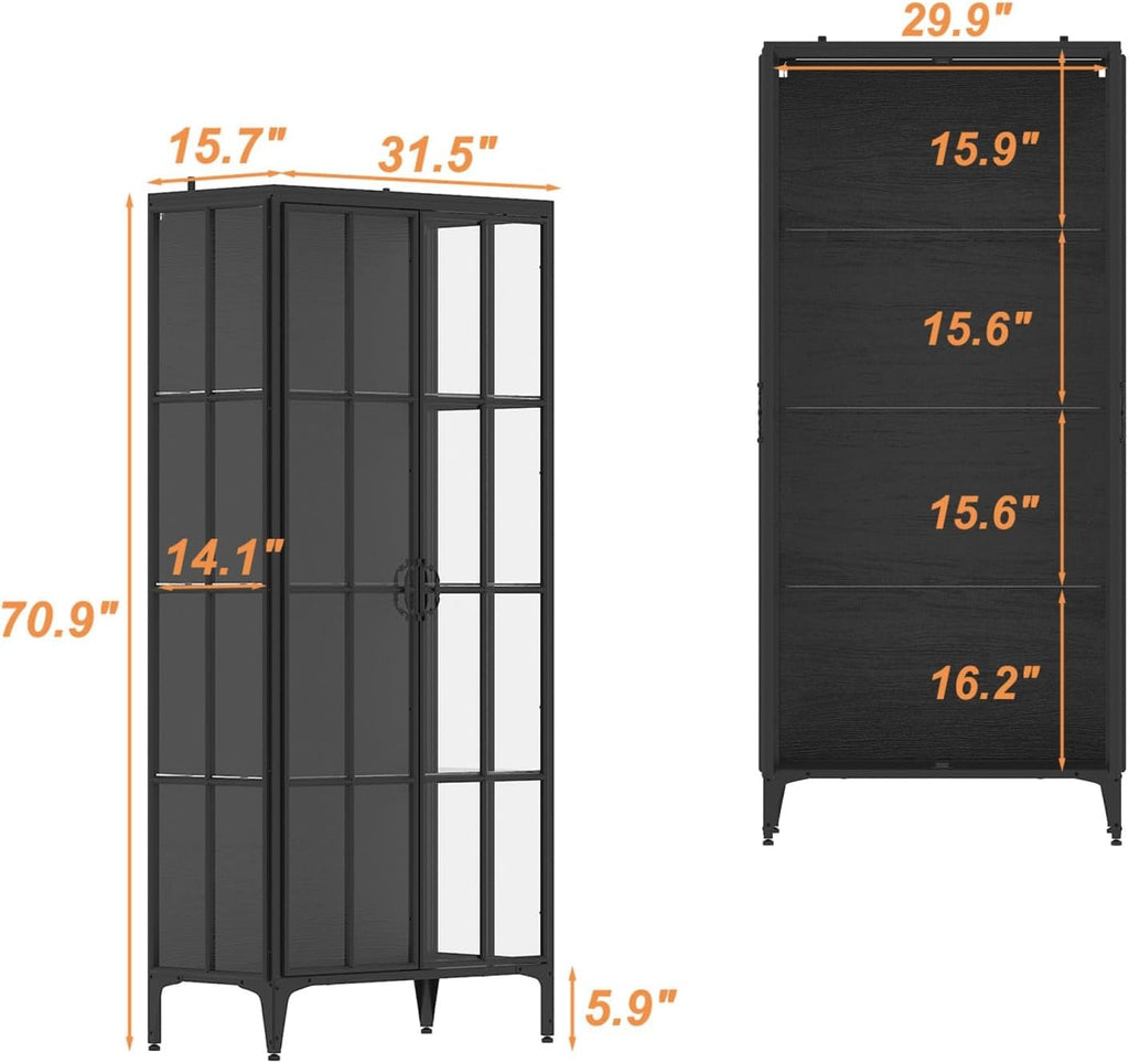 Display Cabinet with Glass Doors & LED Lights, Storage Cabinet with 4 Tier Glass Shelves & Metal Frame, Black, 31.5'W x 15.7'D x 70.9'H