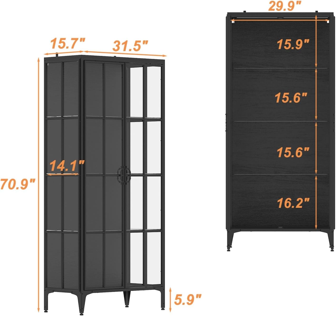 Display Cabinet with Glass Doors & LED Lights, Storage Cabinet with 4 Tier Glass Shelves & Metal Frame, Black, 31.5'W x 15.7'D x 70.9'H