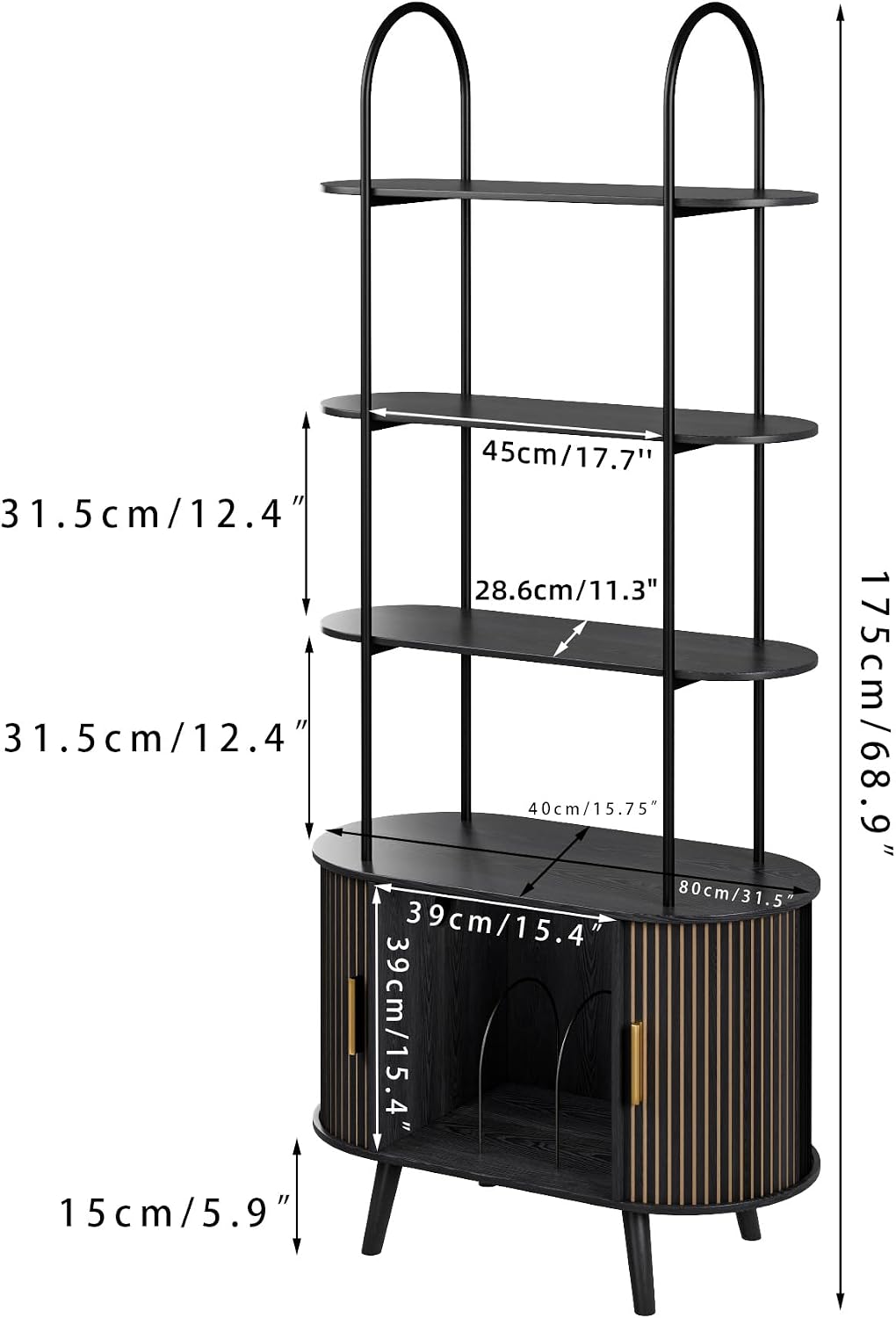 Tall Vinyl Record Player Stand, Black Small Record Storage Cabinet, 4 Tier Arched Bookshelf with Sliding Doors, Fluted Media Display Shelf, Mid Century Modern Turntable Stand for Living Room, Retro