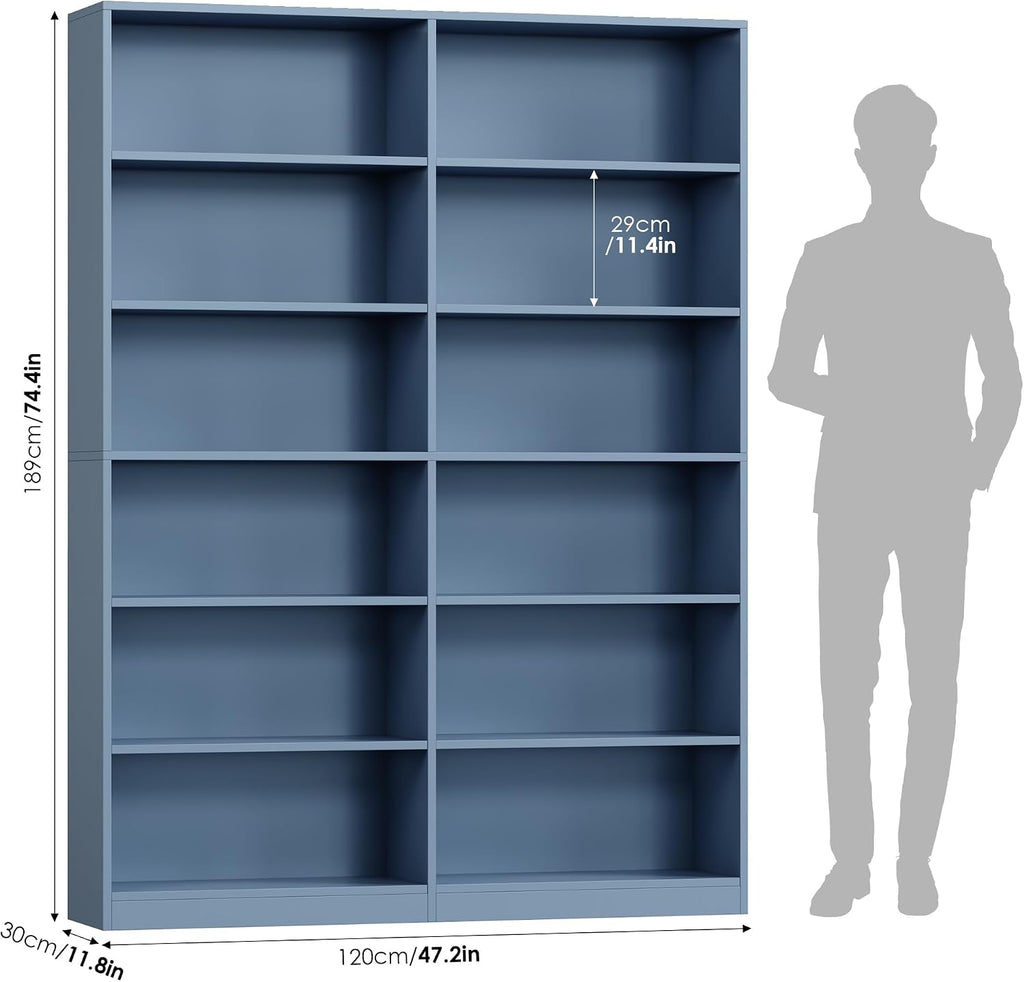 FACBOTALL Bookshelf and Bookcase, 6-Tier Double Wide Bookshelves, Freestanding Display Storage Shelves, Tall Bookcases for Home Decor Bedroom, Living Room, Home Office, Blue