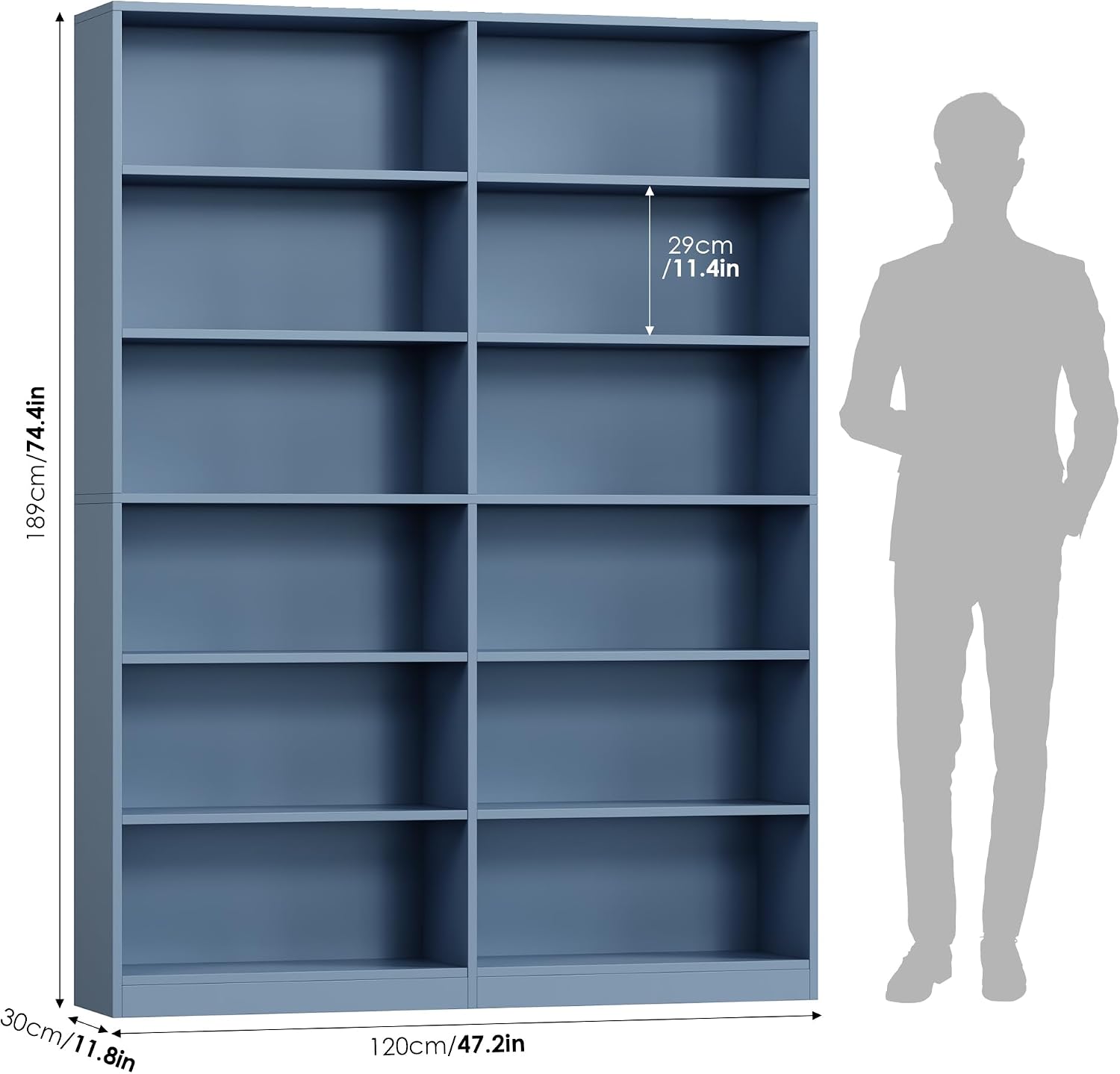 FACBOTALL Bookshelf and Bookcase, 6-Tier Double Wide Bookshelves, Freestanding Display Storage Shelves, Tall Bookcases for Home Decor Bedroom, Living Room, Home Office, Blue